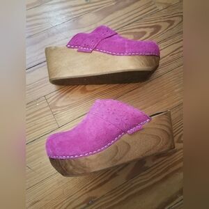 Sanita Rare Wooden Wedge Clogs Pink Suede Leather size 39